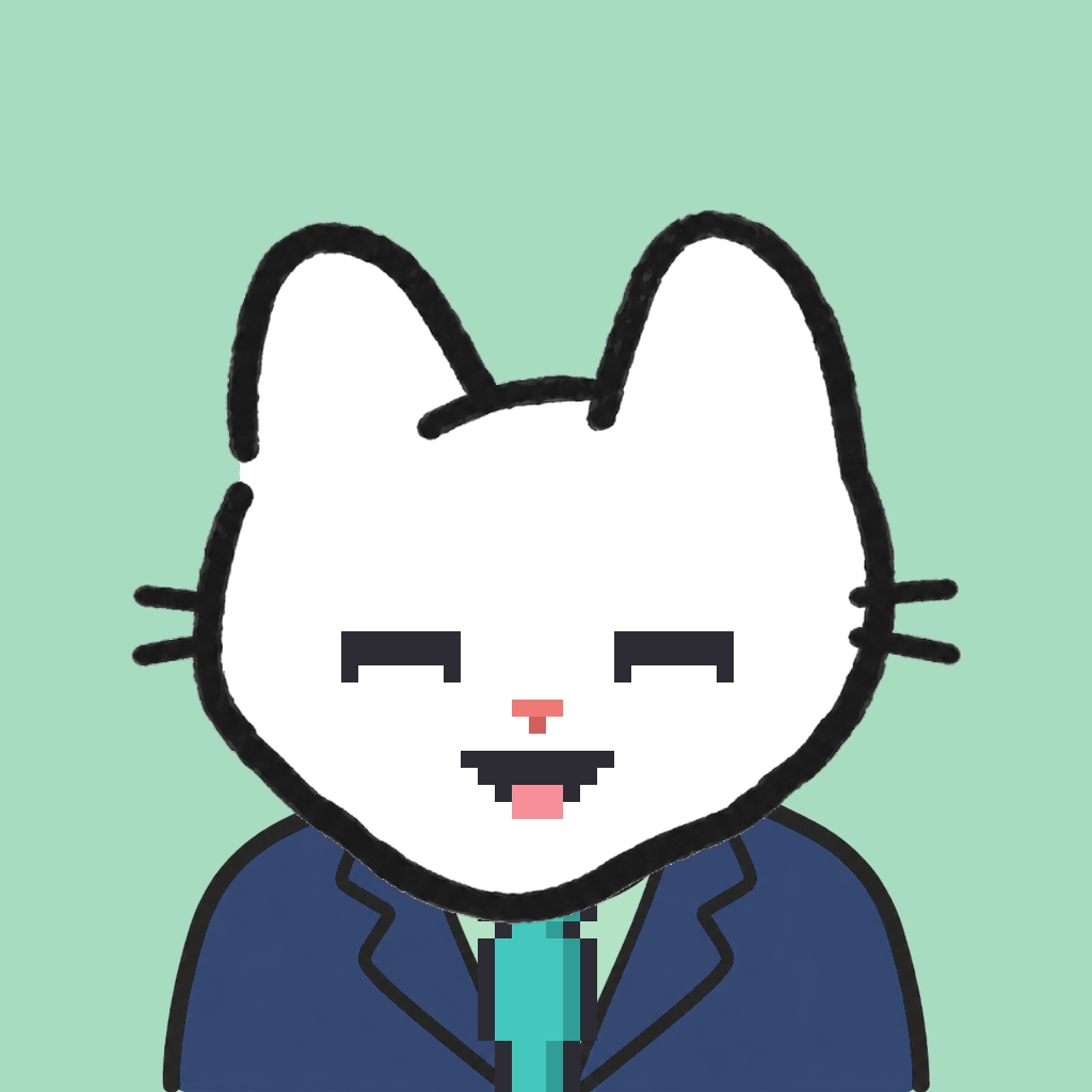 Employee #3167 — a white cat, in a navy suit, with a teal tie, on mint
