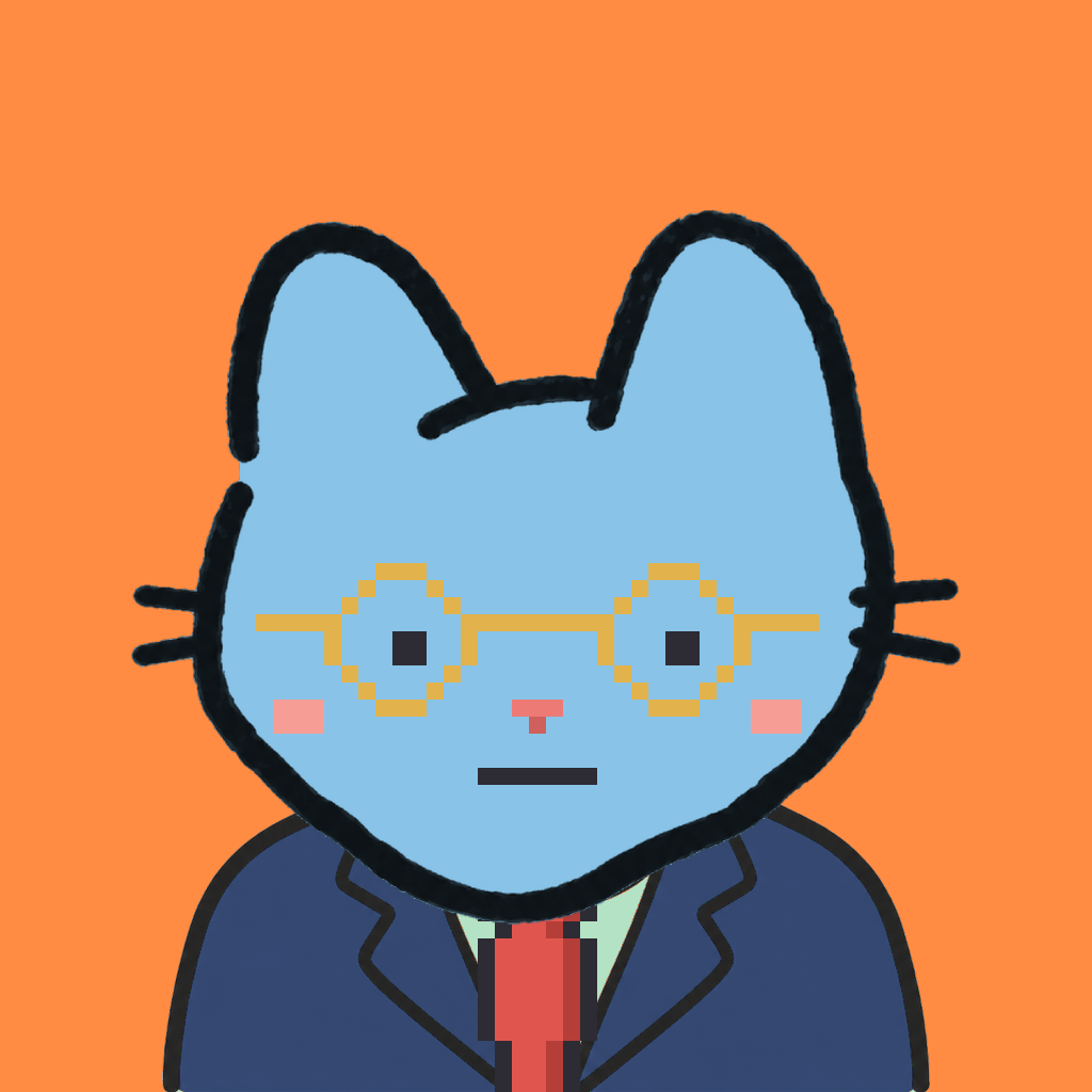 Employee #3168 — a sky cat, in a navy suit, with a red tie, wearing round-gold glasses, on tangerine