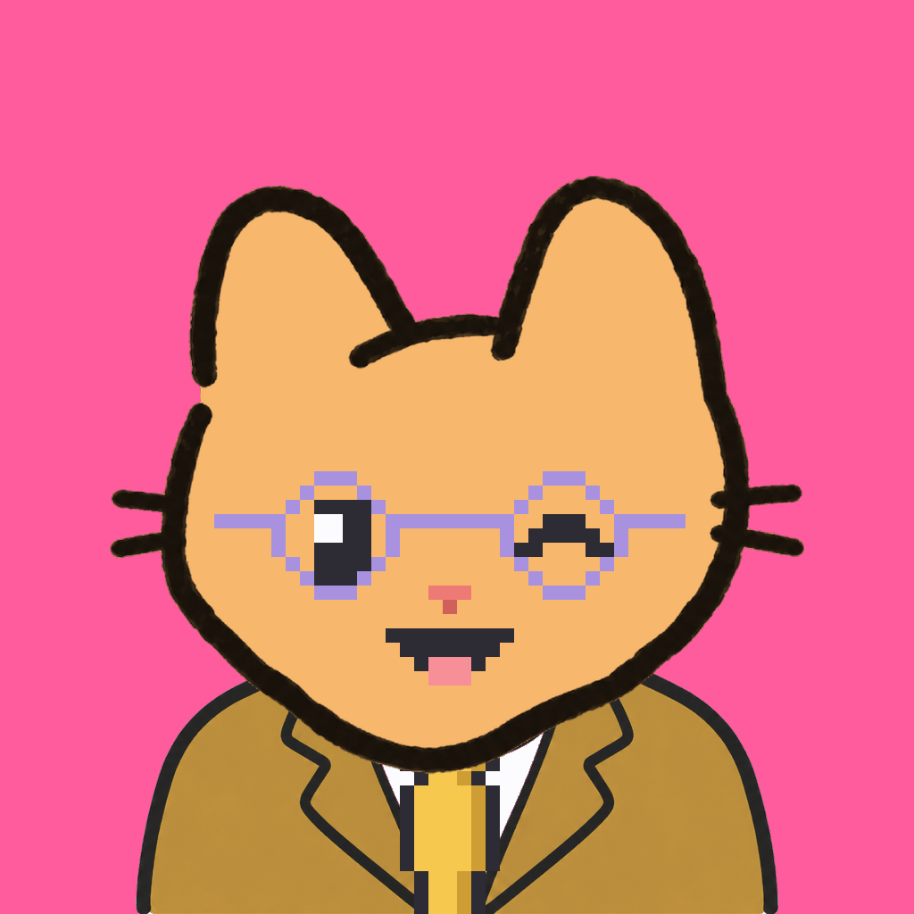 Employee #3169 — a tabby cat, in a mustard suit, with a gold tie, wearing round-lavender glasses, on hot pink