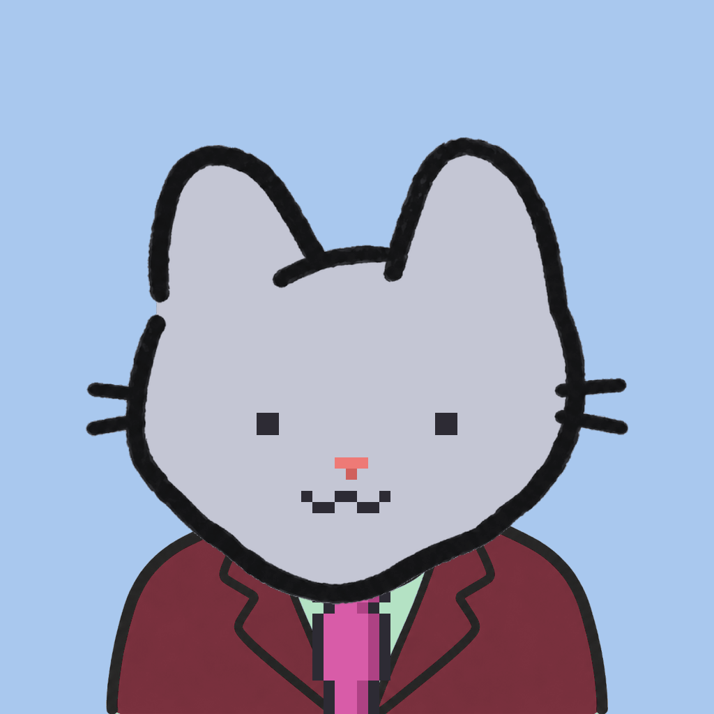Employee #0317 — a gray cat, in a burgundy suit, with a magenta tie, on sky