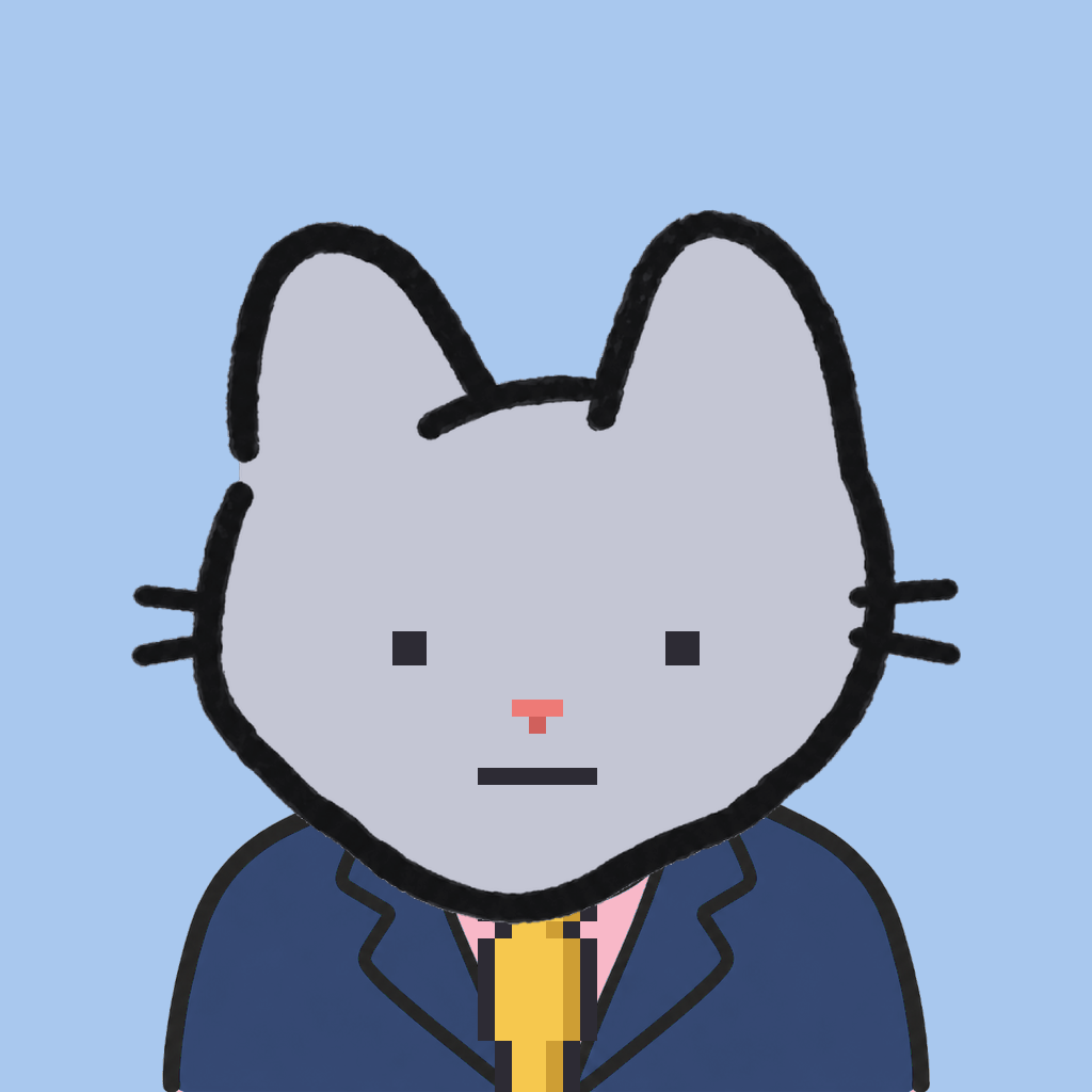 Employee #3170 — a gray cat, in a navy suit, with a gold tie, on sky