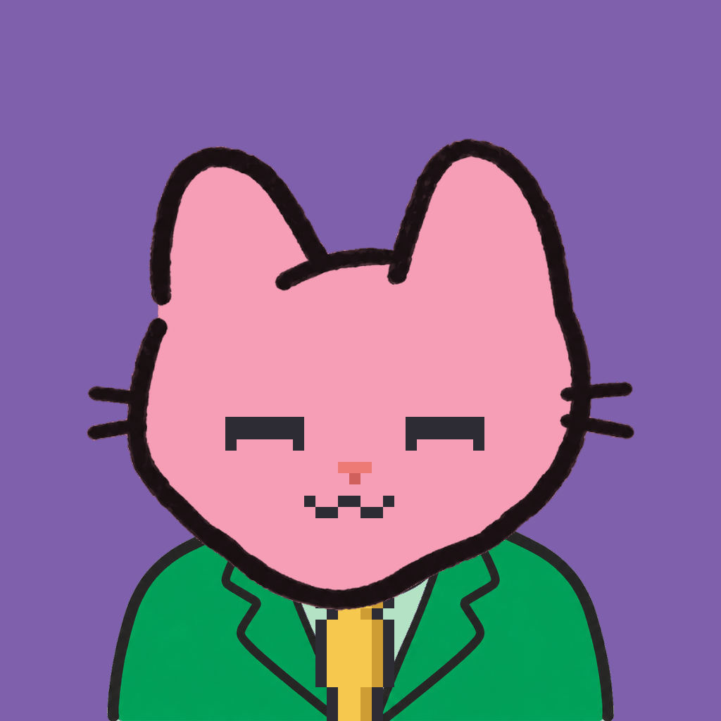 Employee #3171 — a pink cat, in a green suit, with a gold tie, on plasma violet