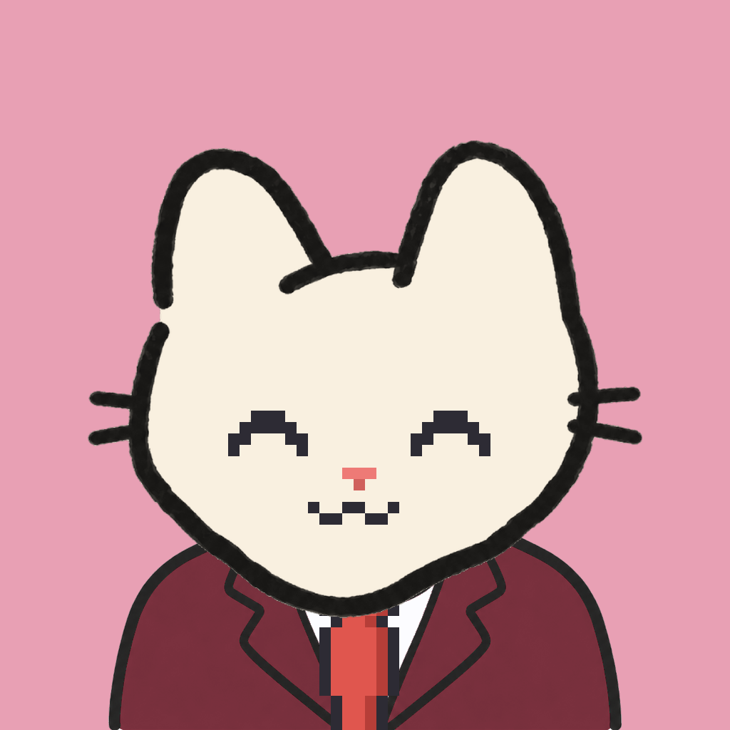 Employee #3172 — a cream cat, in a burgundy suit, with a red tie, on rose