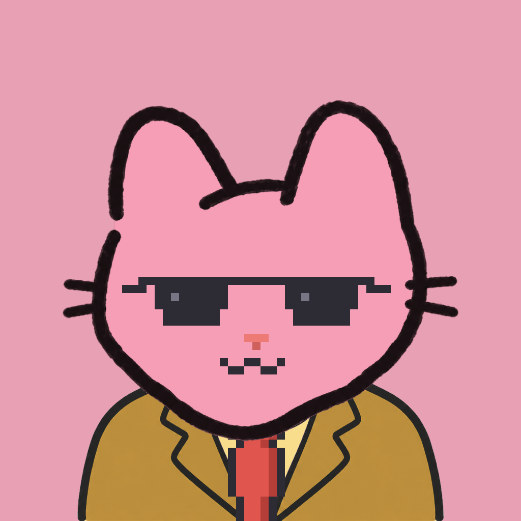 Employee #3173 — a pink cat, in a mustard suit, with a red tie, wearing shades glasses, on rose