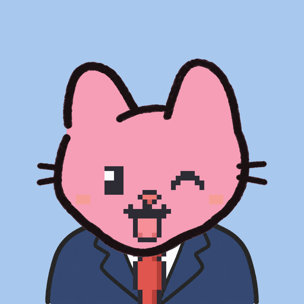 Employee #3174 — a pink cat, in a navy suit, with a red tie, on sky