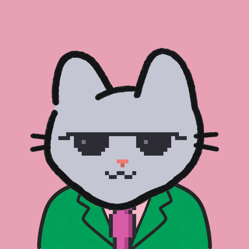 Employee #3175 — a gray cat, in a green suit, with a magenta tie, wearing shades glasses, on rose