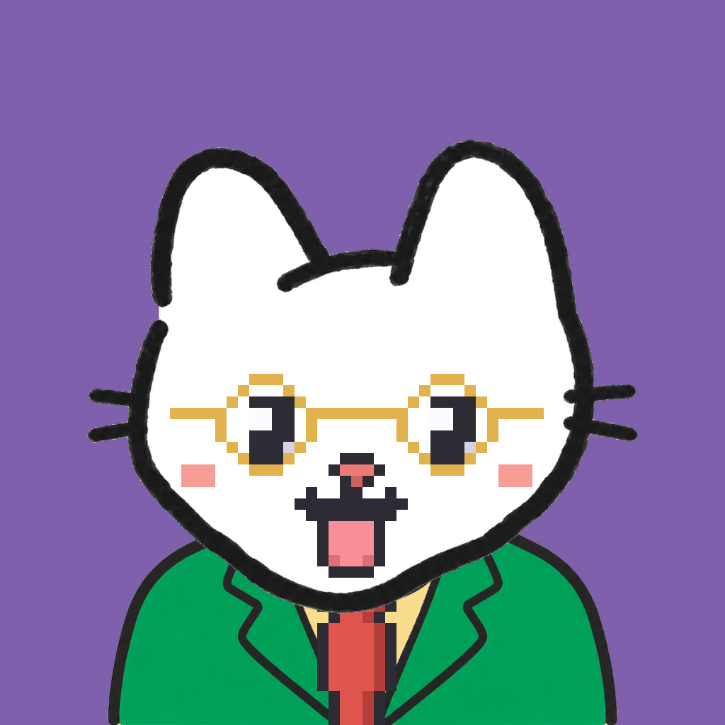 Employee #3176 — a white cat, in a green suit, with a red tie, wearing round-gold glasses, on plasma violet