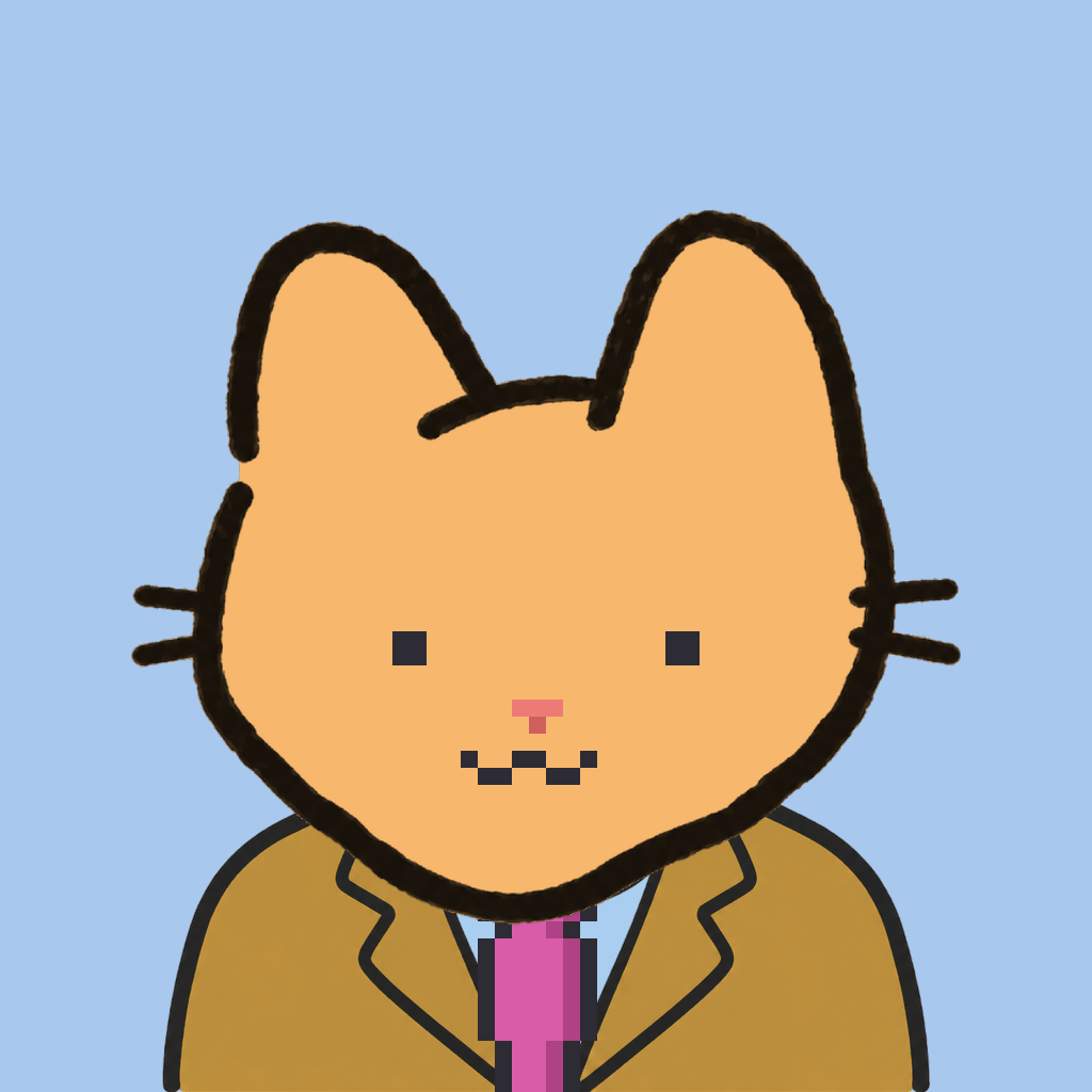 Employee #3177 — a tabby cat, in a mustard suit, with a magenta tie, on sky