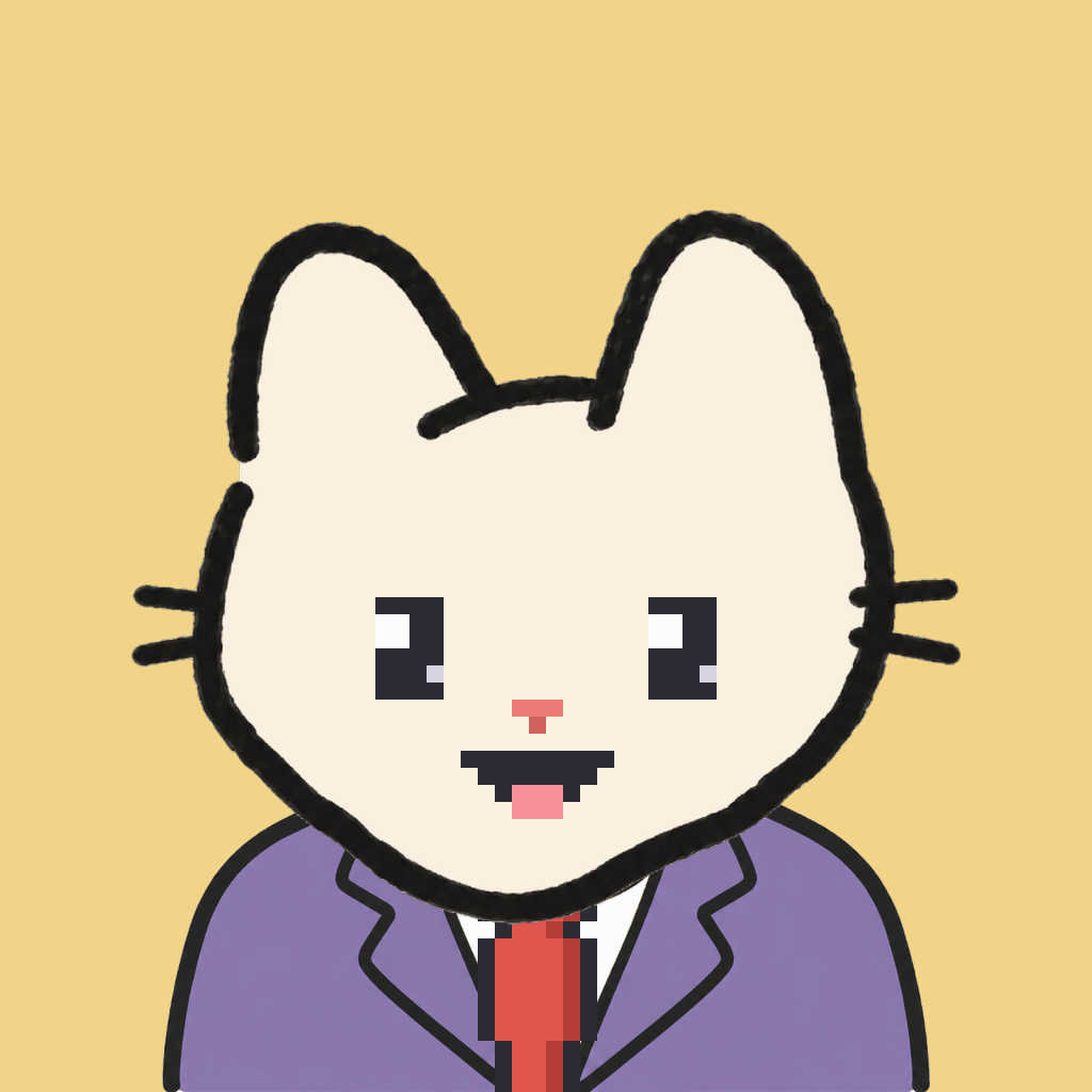 Employee #3178 — a cream cat, in a lavender suit, with a red tie, on butter