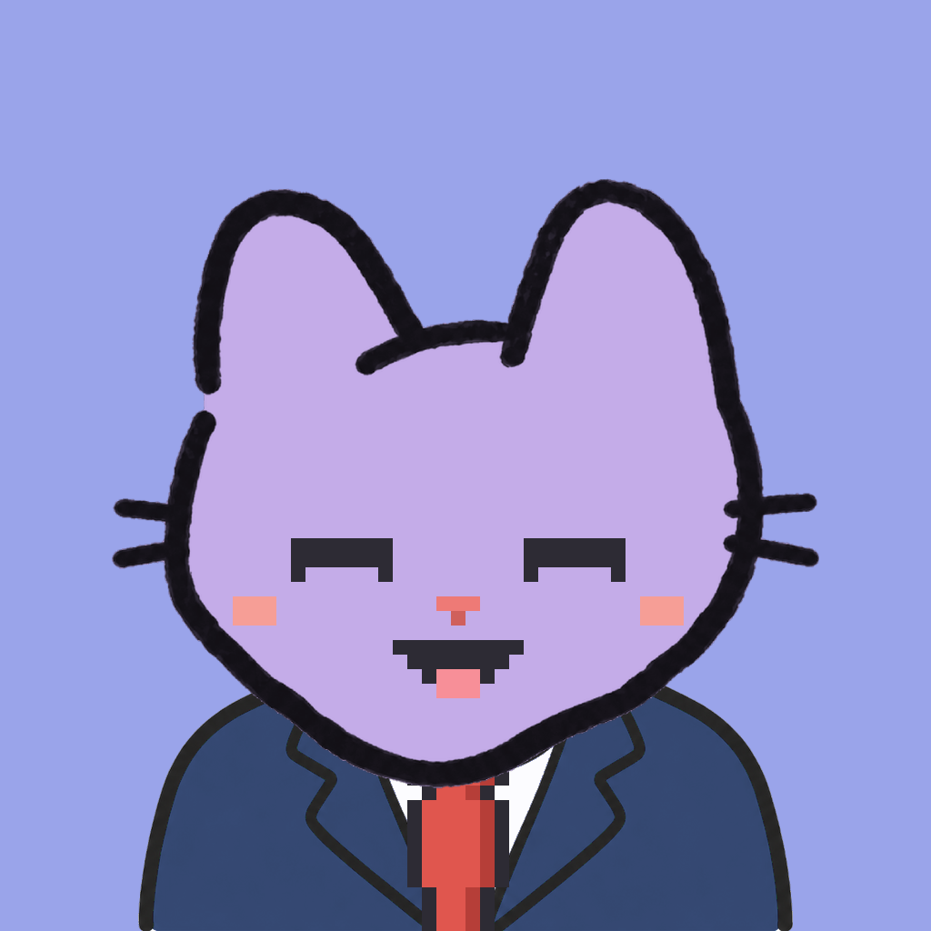 Employee #3179 — a lavender cat, in a navy suit, with a red tie, on periwinkle