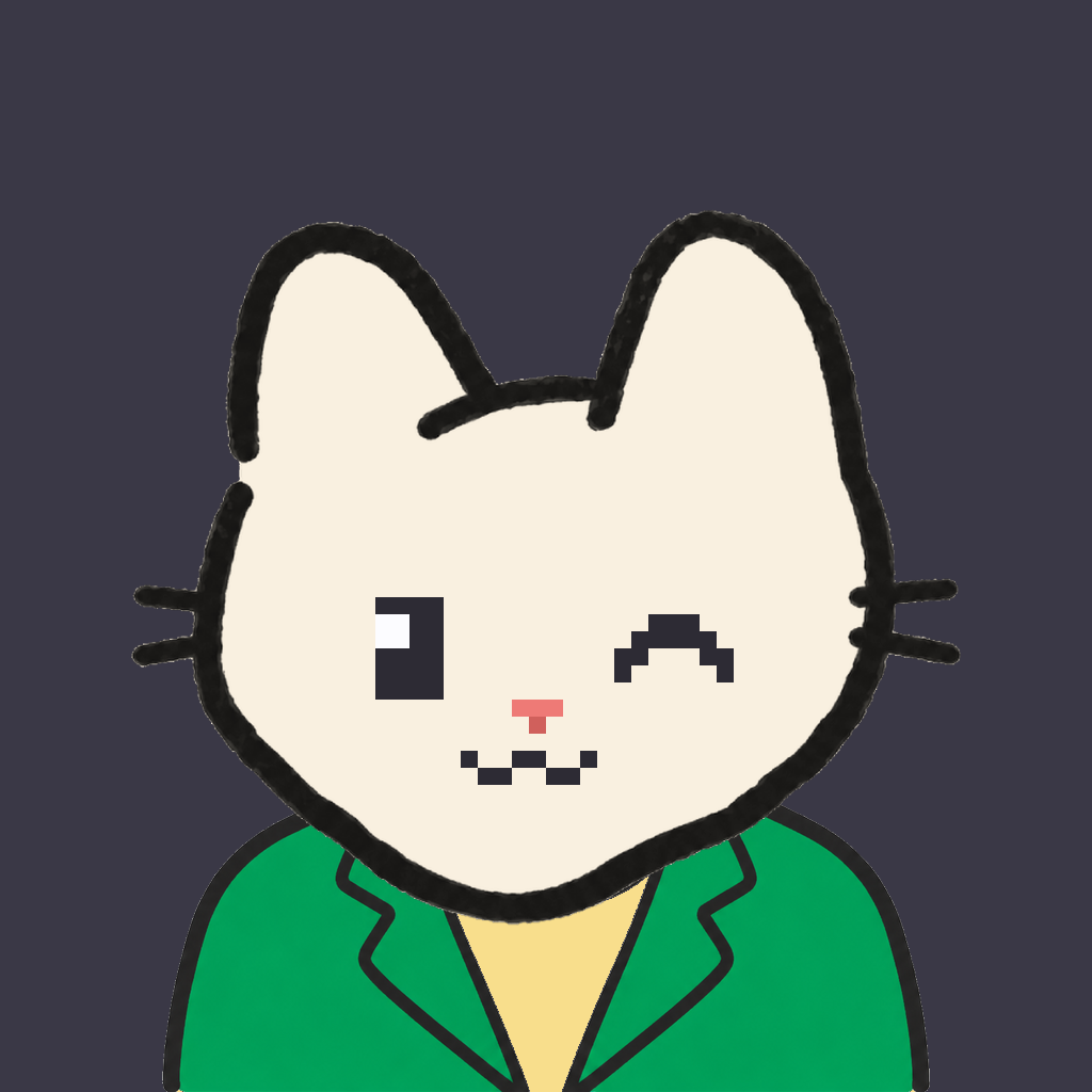 Employee #0318 — a cream cat, in a green suit, on charcoal