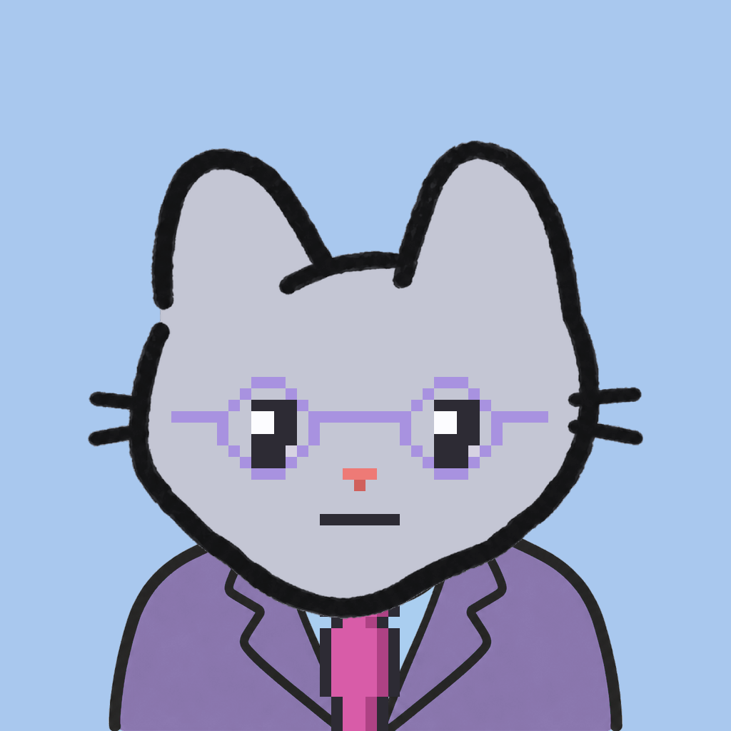 Employee #3180 — a gray cat, in a lavender suit, with a magenta tie, wearing round-lavender glasses, on sky