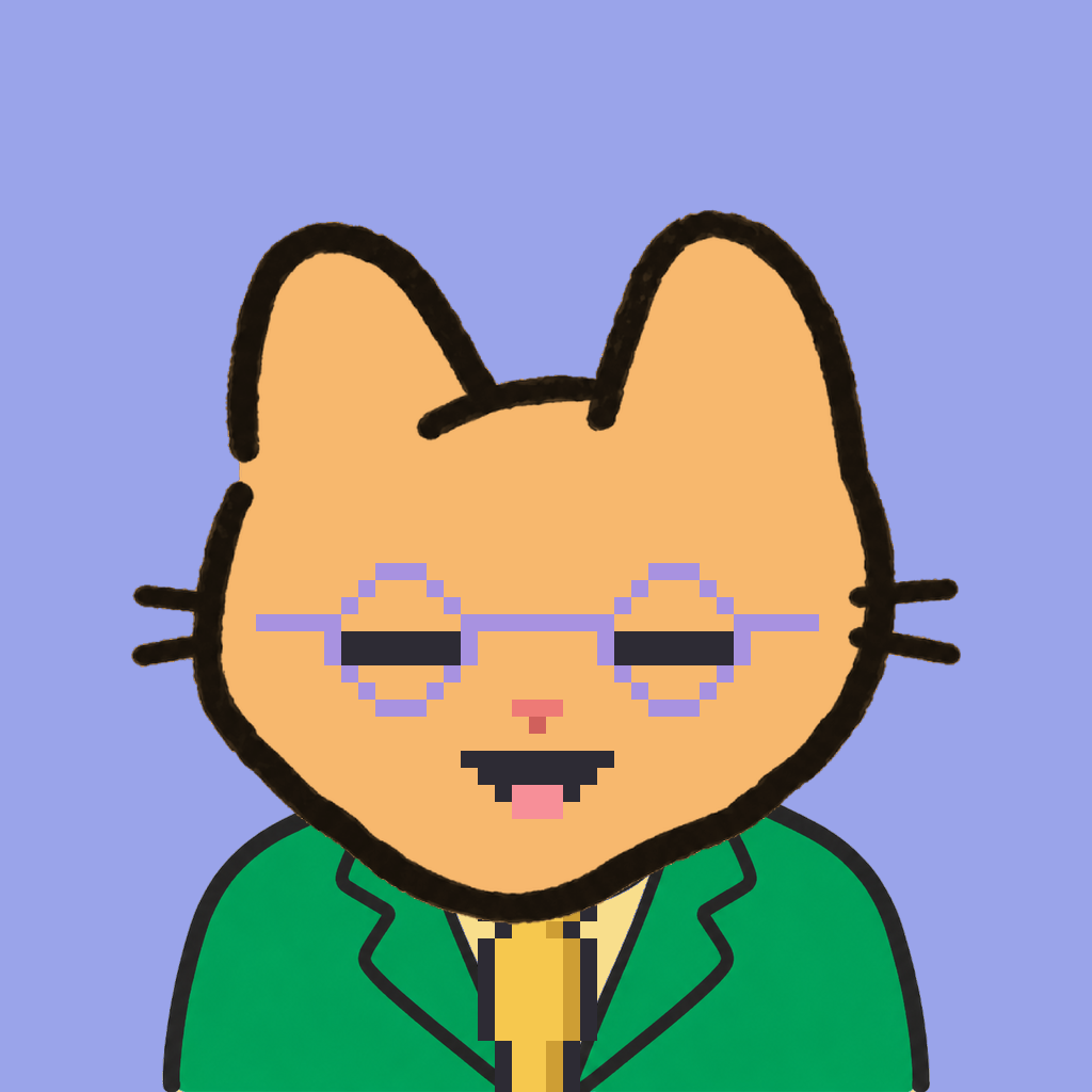 Employee #3181 — a tabby cat, in a green suit, with a gold tie, wearing round-lavender glasses, on periwinkle