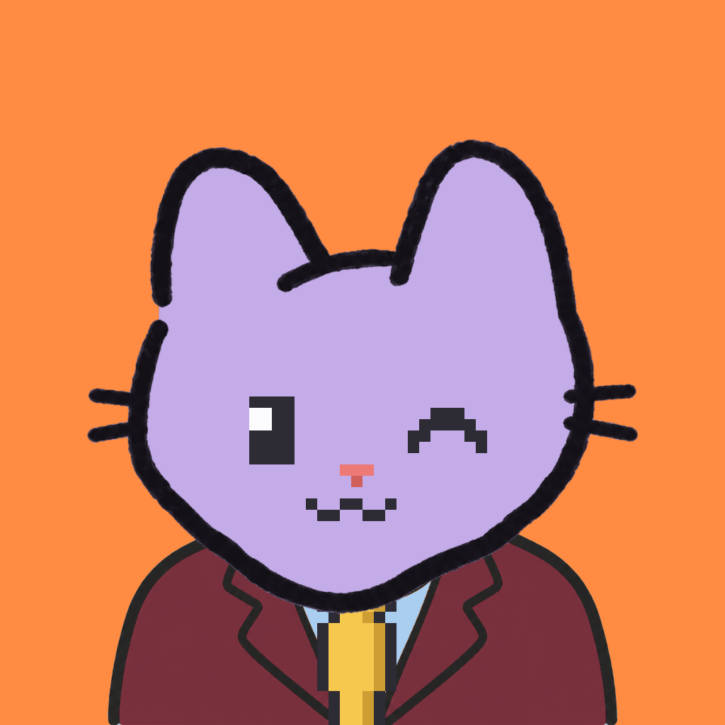 Employee #3182 — a lavender cat, in a burgundy suit, with a gold tie, on tangerine