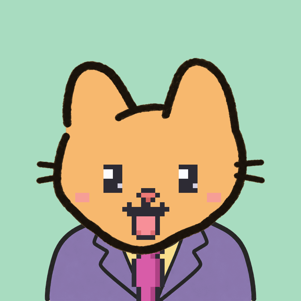 Employee #3183 — a tabby cat, in a lavender suit, with a magenta tie, on mint