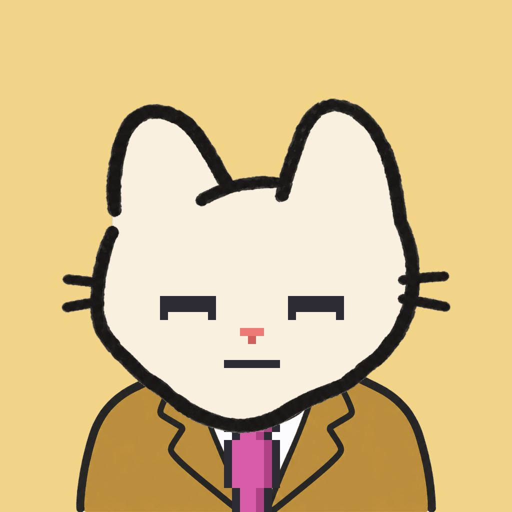 Employee #3184 — a cream cat, in a mustard suit, with a magenta tie, on butter