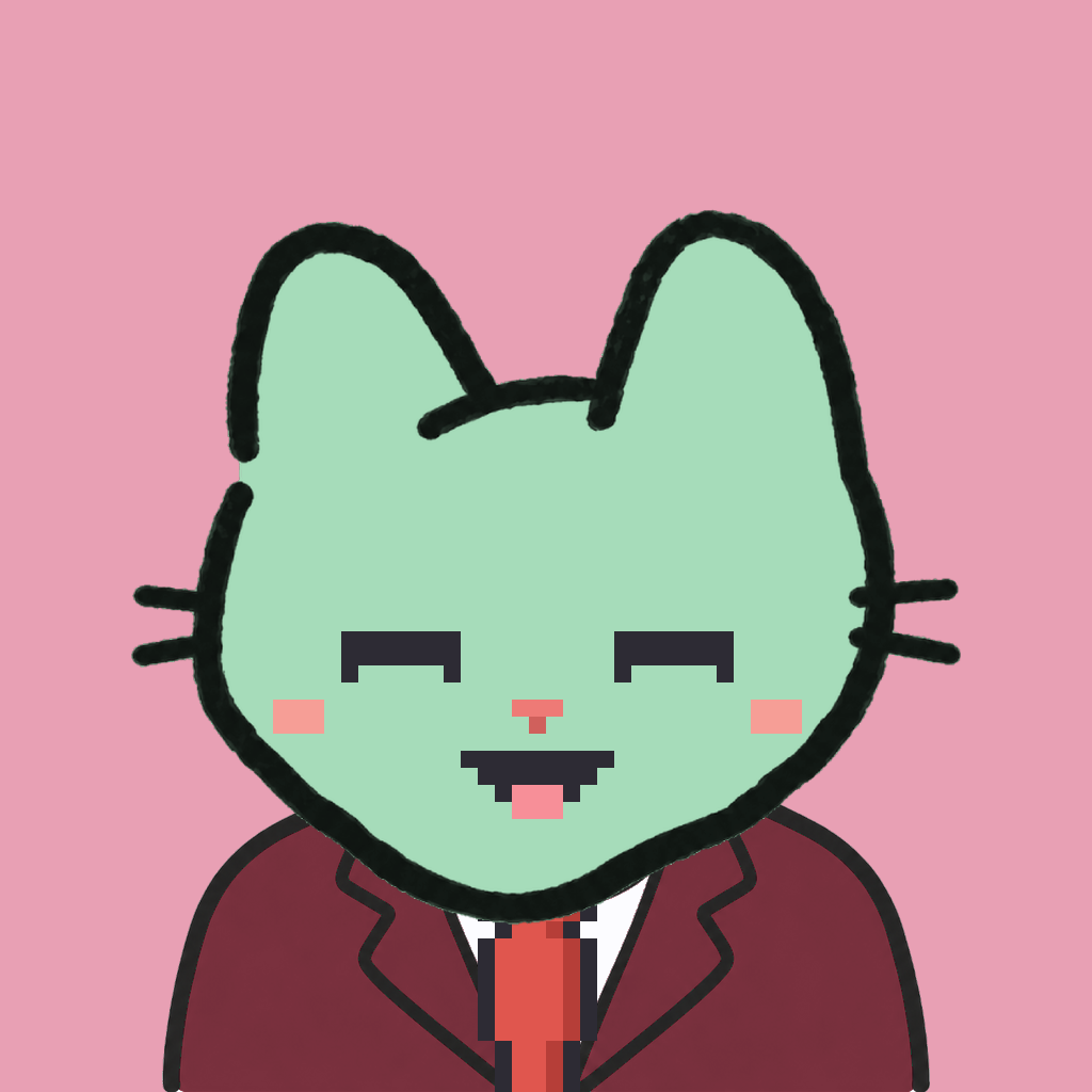 Employee #3185 — a mint cat, in a burgundy suit, with a red tie, on rose