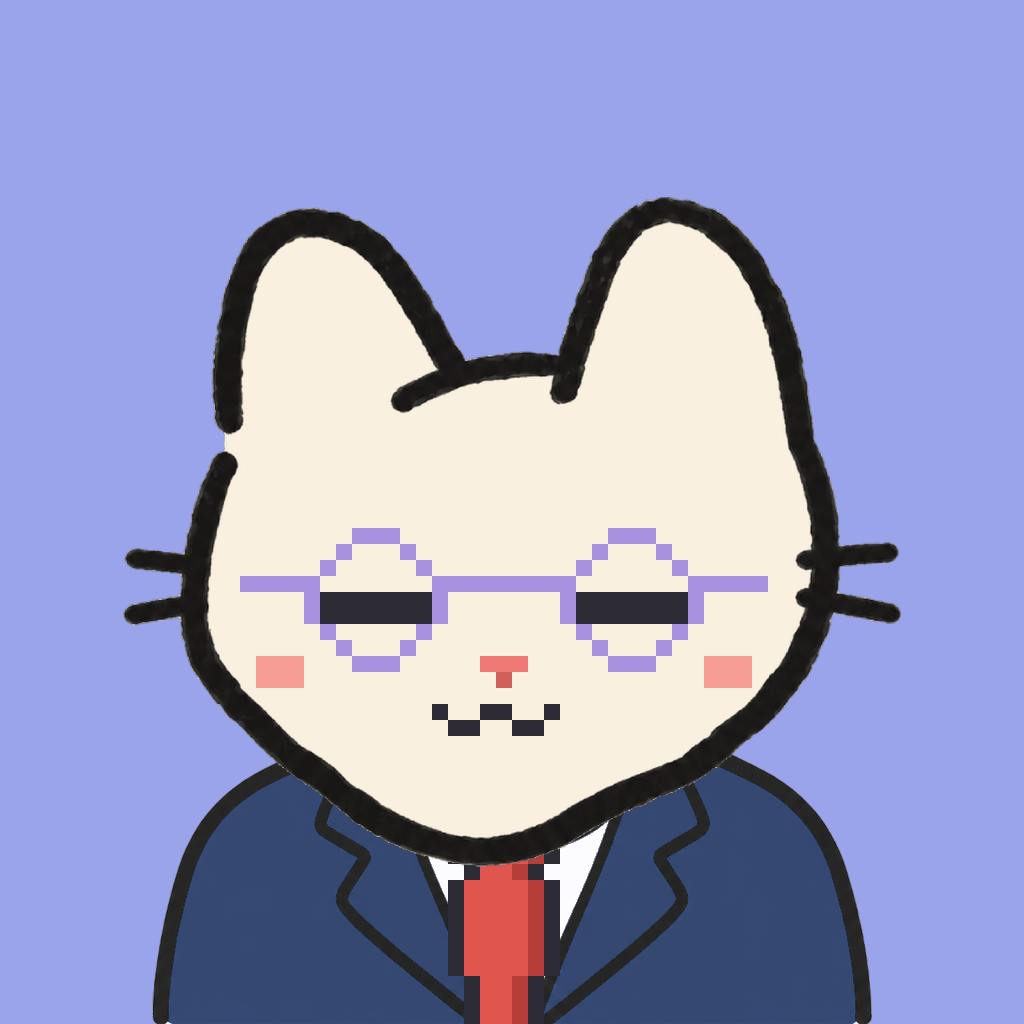 Employee #3186 — a cream cat, in a navy suit, with a red tie, wearing round-lavender glasses, on periwinkle