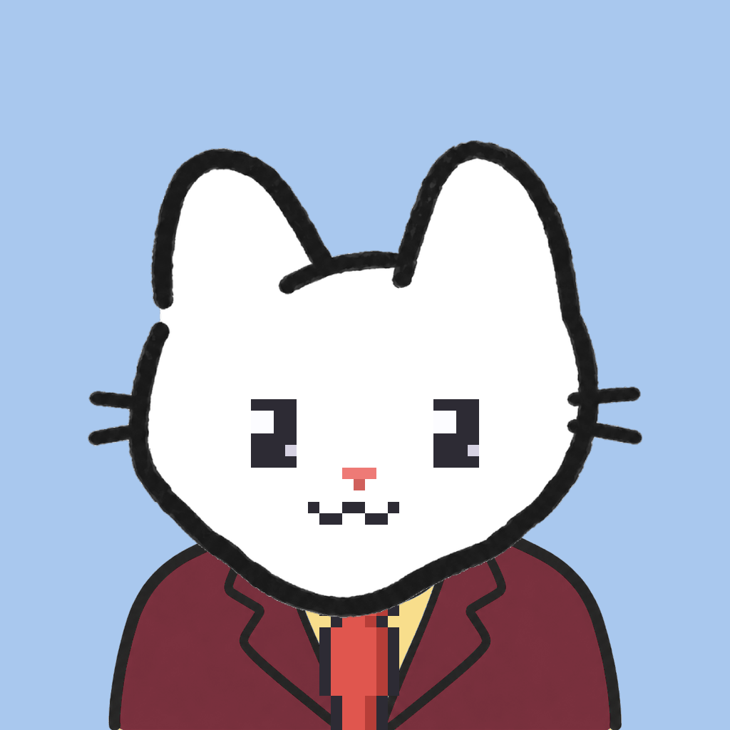 Employee #3187 — a white cat, in a burgundy suit, with a red tie, on sky
