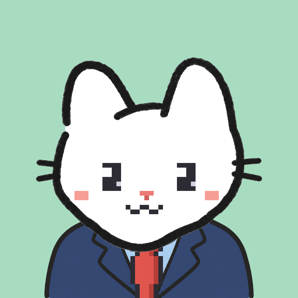 Employee #3188 — a white cat, in a navy suit, with a red tie, on mint