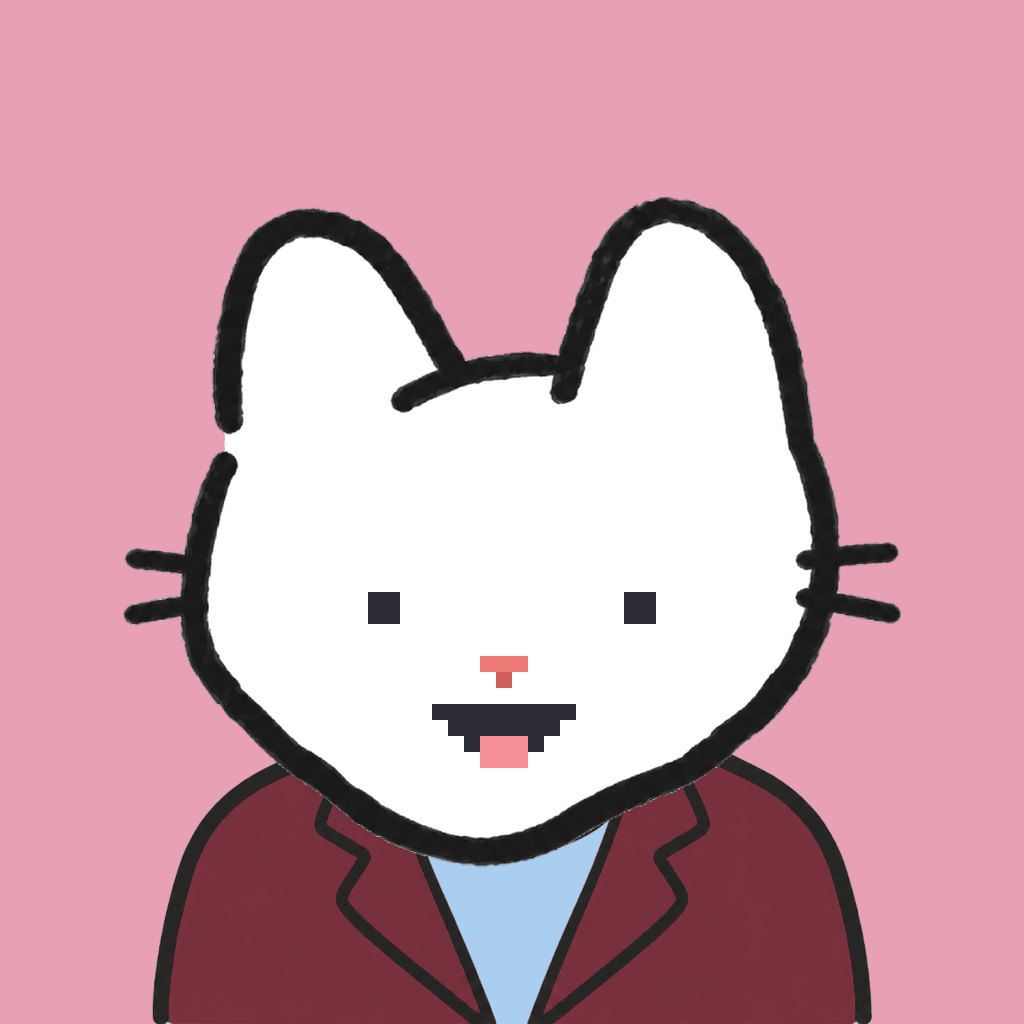 Employee #3189 — a white cat, in a burgundy suit, on rose