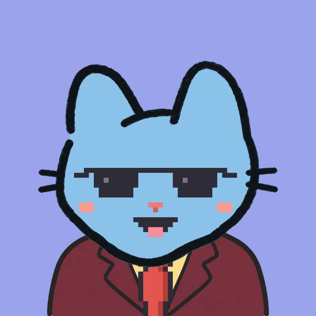 Employee #0319 — a sky cat, in a burgundy suit, with a red tie, wearing shades glasses, on periwinkle