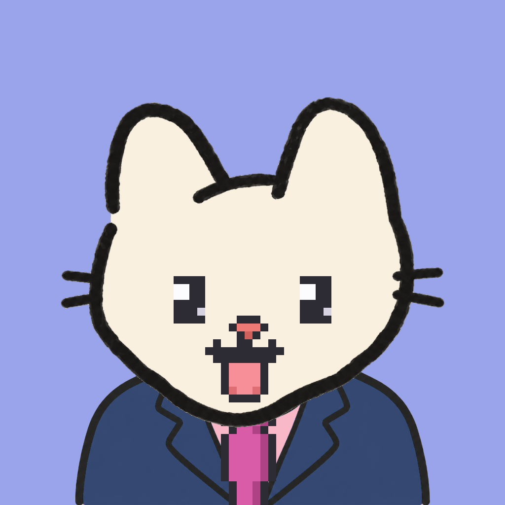 Employee #3191 — a cream cat, in a navy suit, with a magenta tie, on periwinkle