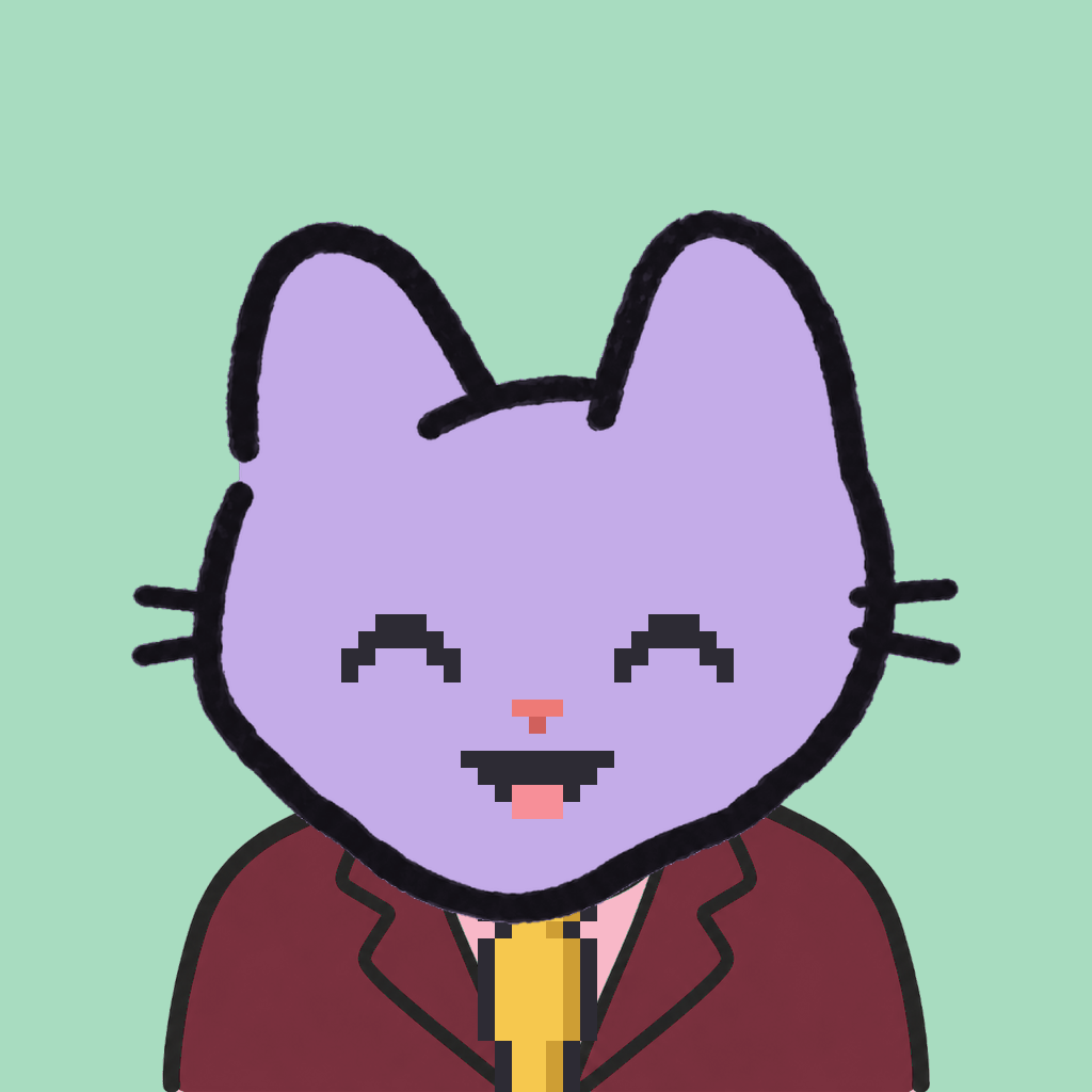 Employee #3192 — a lavender cat, in a burgundy suit, with a gold tie, on mint