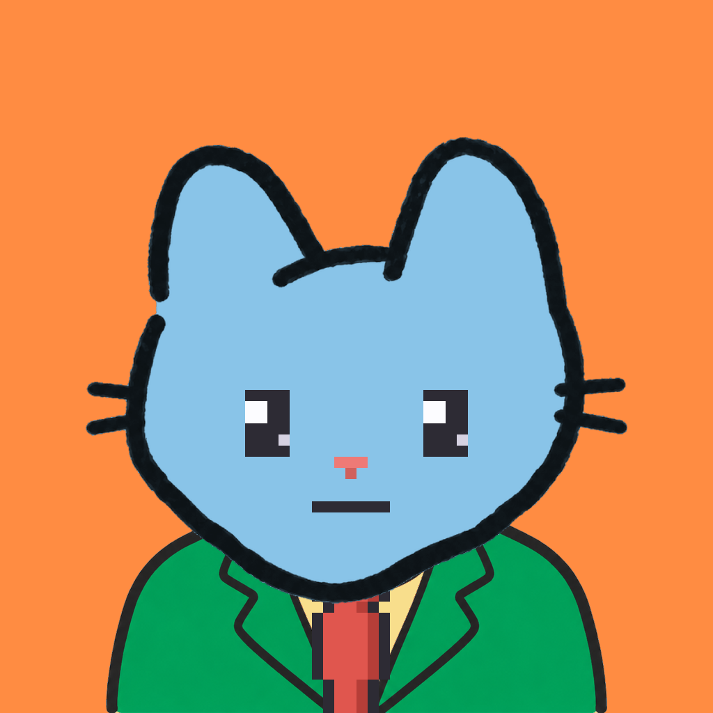 Employee #3193 — a sky cat, in a green suit, with a red tie, on tangerine