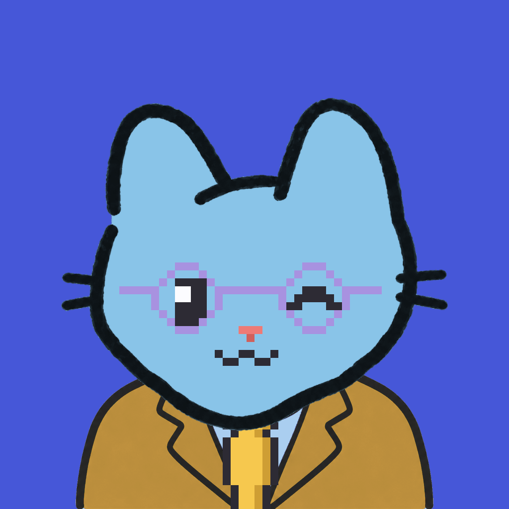 Employee #3194 — a sky cat, in a mustard suit, with a gold tie, wearing round-lavender glasses, on royal