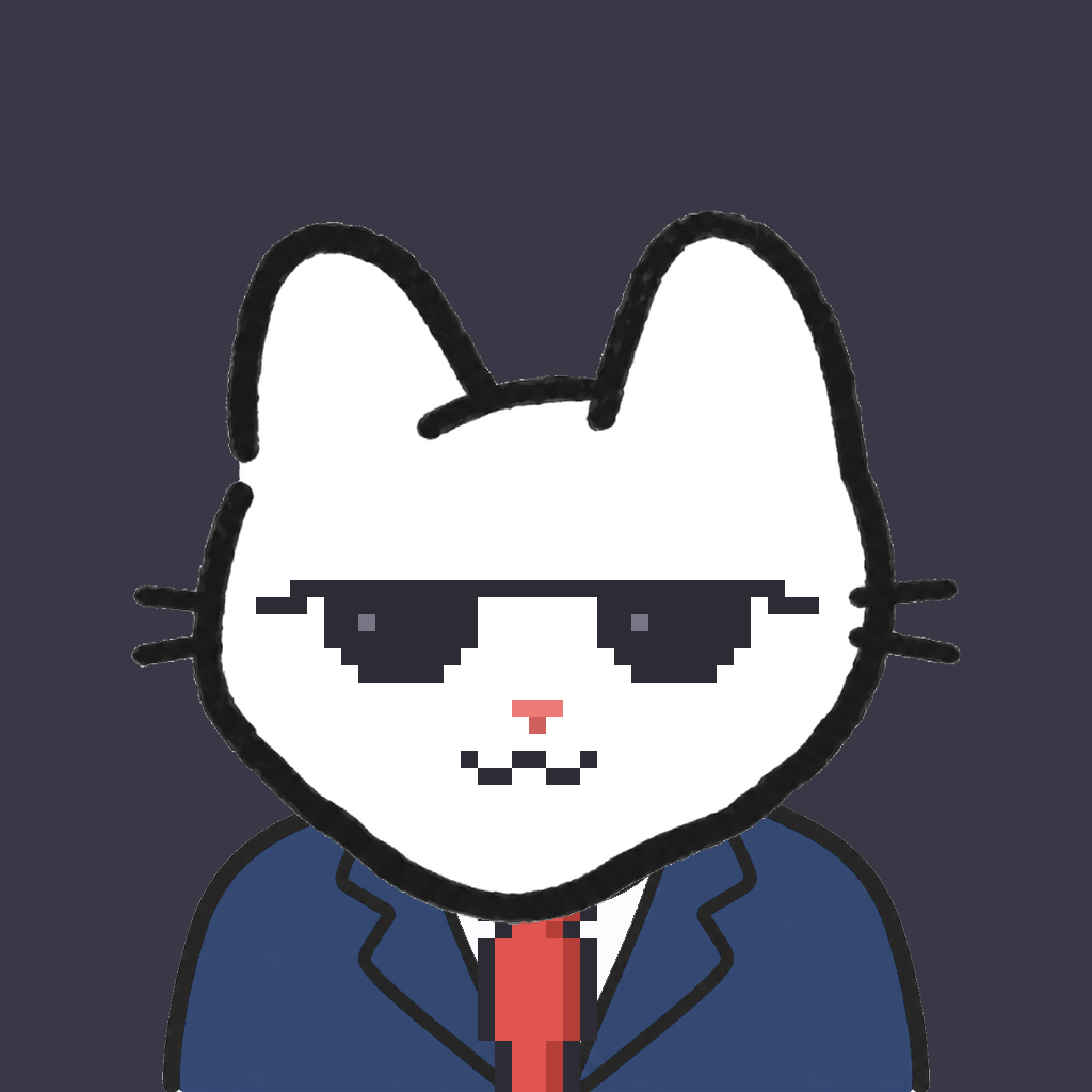 Employee #3195 — a white cat, in a navy suit, with a red tie, wearing shades glasses, on charcoal