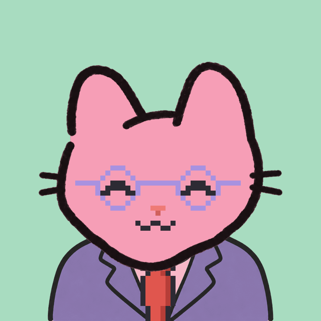 Employee #3196 — a pink cat, in a lavender suit, with a red tie, wearing round-lavender glasses, on mint