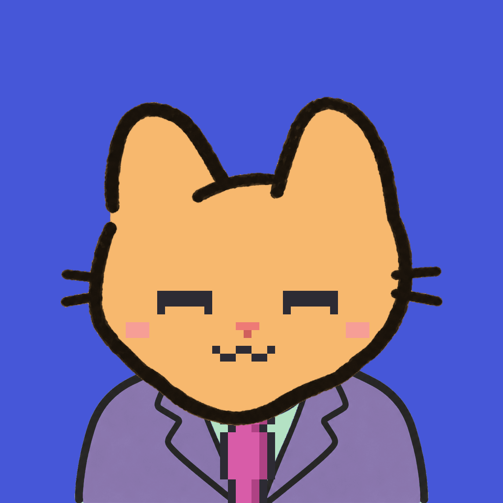 Employee #3197 — a tabby cat, in a lavender suit, with a magenta tie, on royal