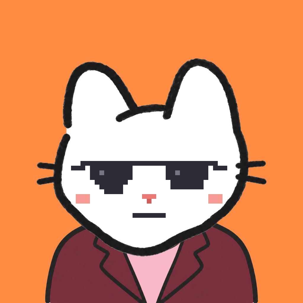 Employee #3198 — a white cat, in a burgundy suit, wearing shades glasses, on tangerine
