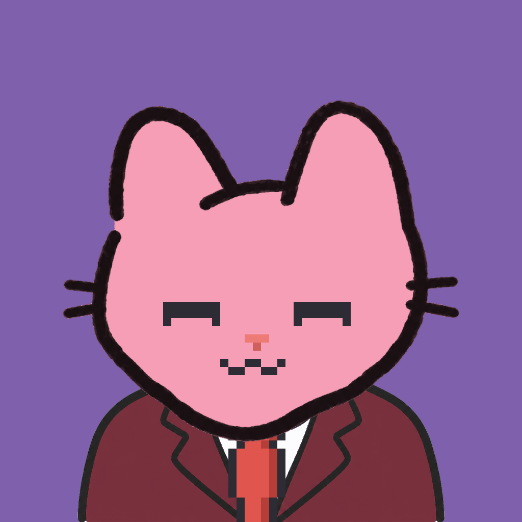 Employee #3199 — a pink cat, in a burgundy suit, with a red tie, on plasma violet