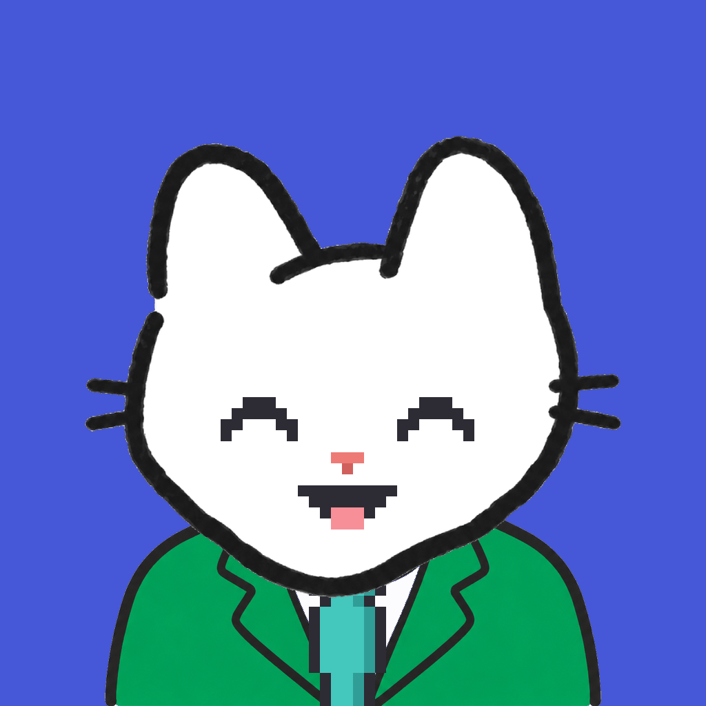 Employee #0032 — a white cat, in a green suit, with a teal tie, on royal
