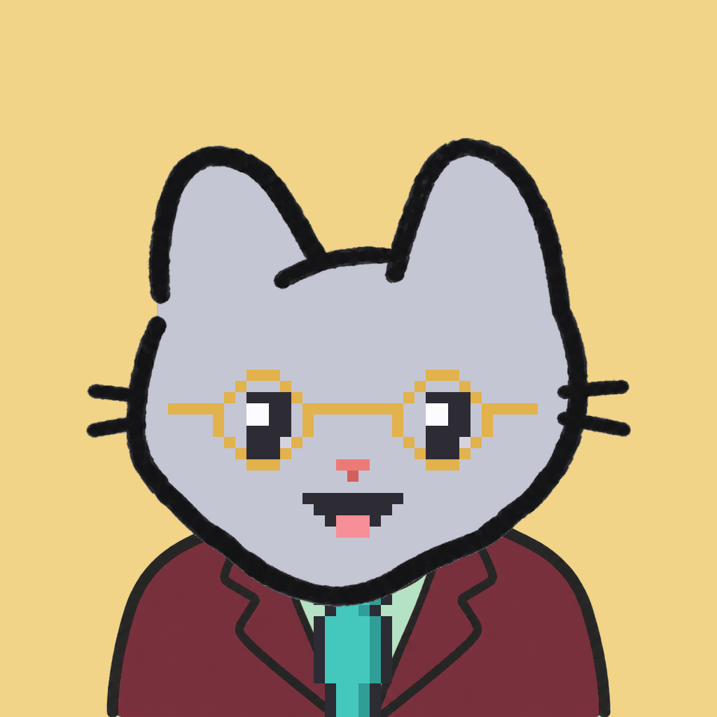Employee #0320 — a gray cat, in a burgundy suit, with a teal tie, wearing round-gold glasses, on butter