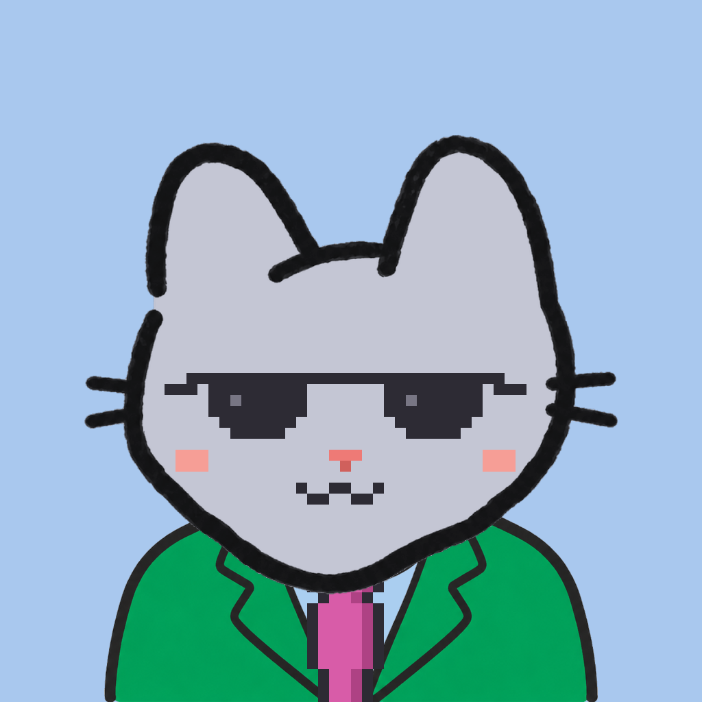 Employee #3200 — a gray cat, in a green suit, with a magenta tie, wearing shades glasses, on sky
