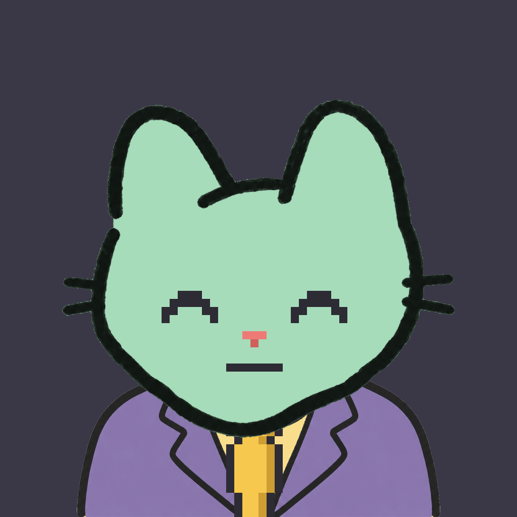Employee #3201 — a mint cat, in a lavender suit, with a gold tie, on charcoal