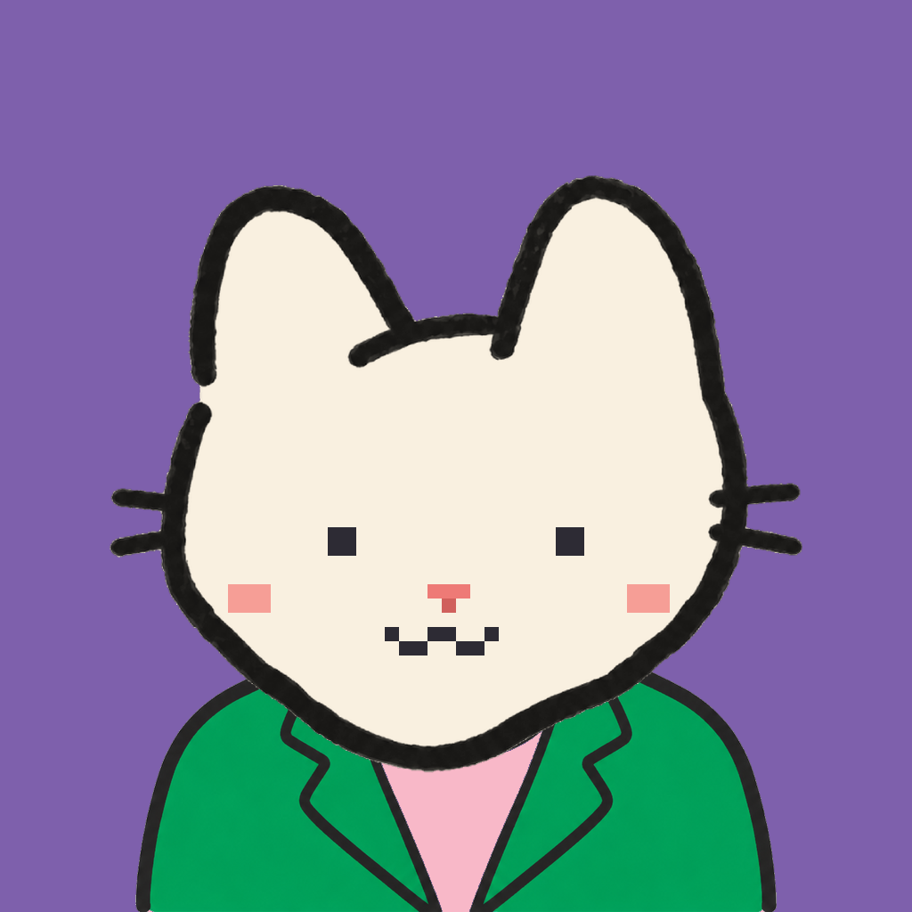 Employee #3202 — a cream cat, in a green suit, on plasma violet