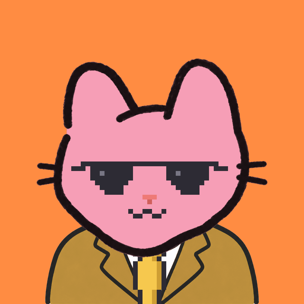 Employee #3203 — a pink cat, in a mustard suit, with a gold tie, wearing shades glasses, on tangerine