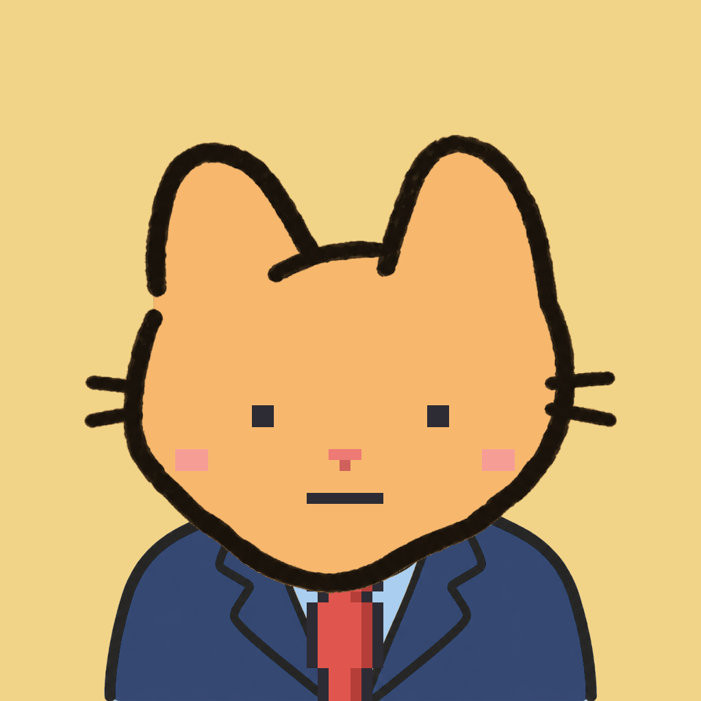 Employee #3204 — a tabby cat, in a navy suit, with a red tie, on butter
