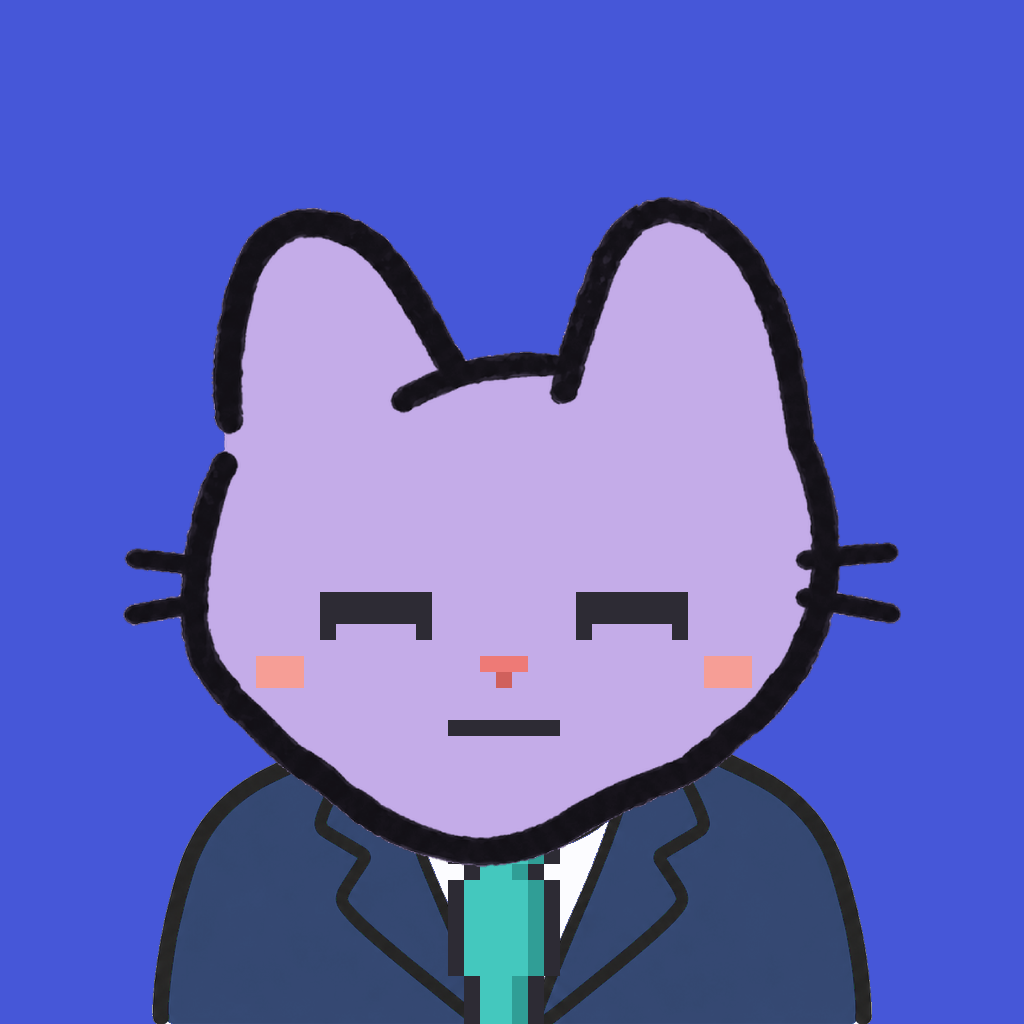 Employee #3205 — a lavender cat, in a navy suit, with a teal tie, on royal