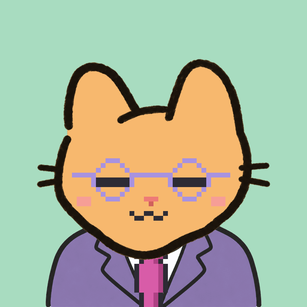Employee #3206 — a tabby cat, in a lavender suit, with a magenta tie, wearing round-lavender glasses, on mint