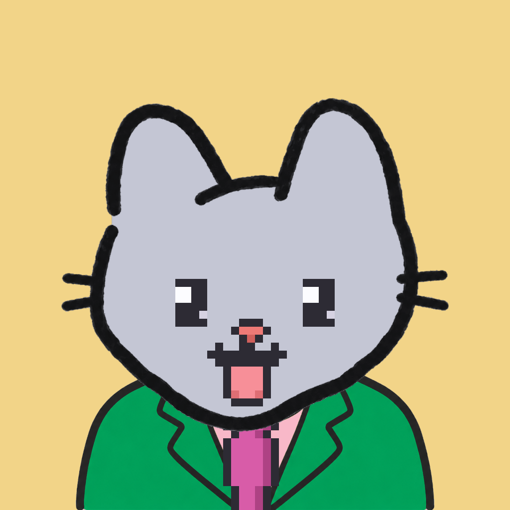 Employee #3207 — a gray cat, in a green suit, with a magenta tie, on butter