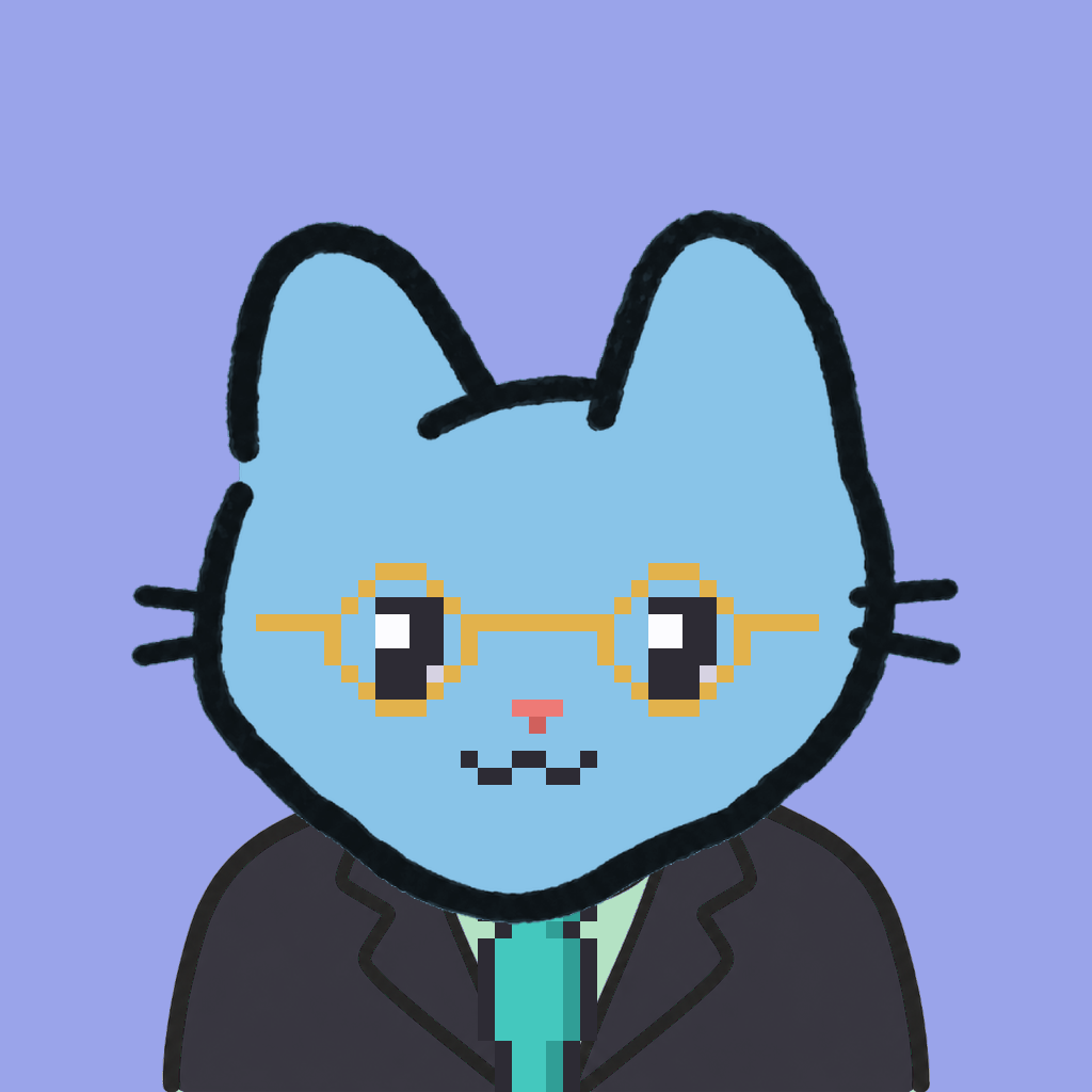 Employee #3208 — a sky cat, in a black suit, with a teal tie, wearing round-gold glasses, on periwinkle