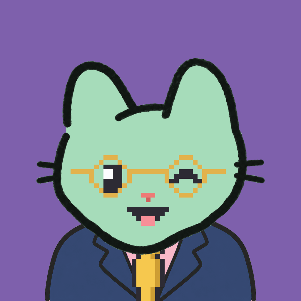 Employee #3209 — a mint cat, in a navy suit, with a gold tie, wearing round-gold glasses, on plasma violet