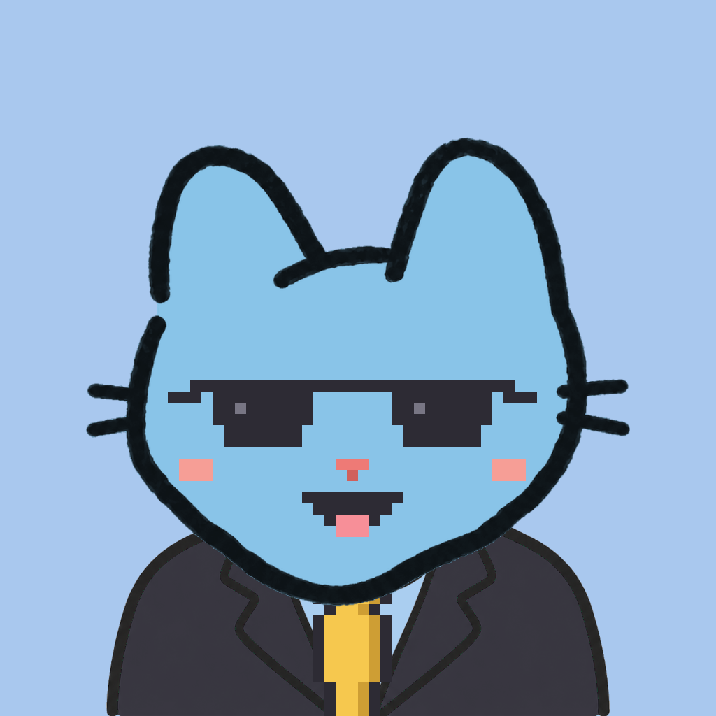 Employee #0321 — a sky cat, in a black suit, with a gold tie, wearing shades glasses, on sky