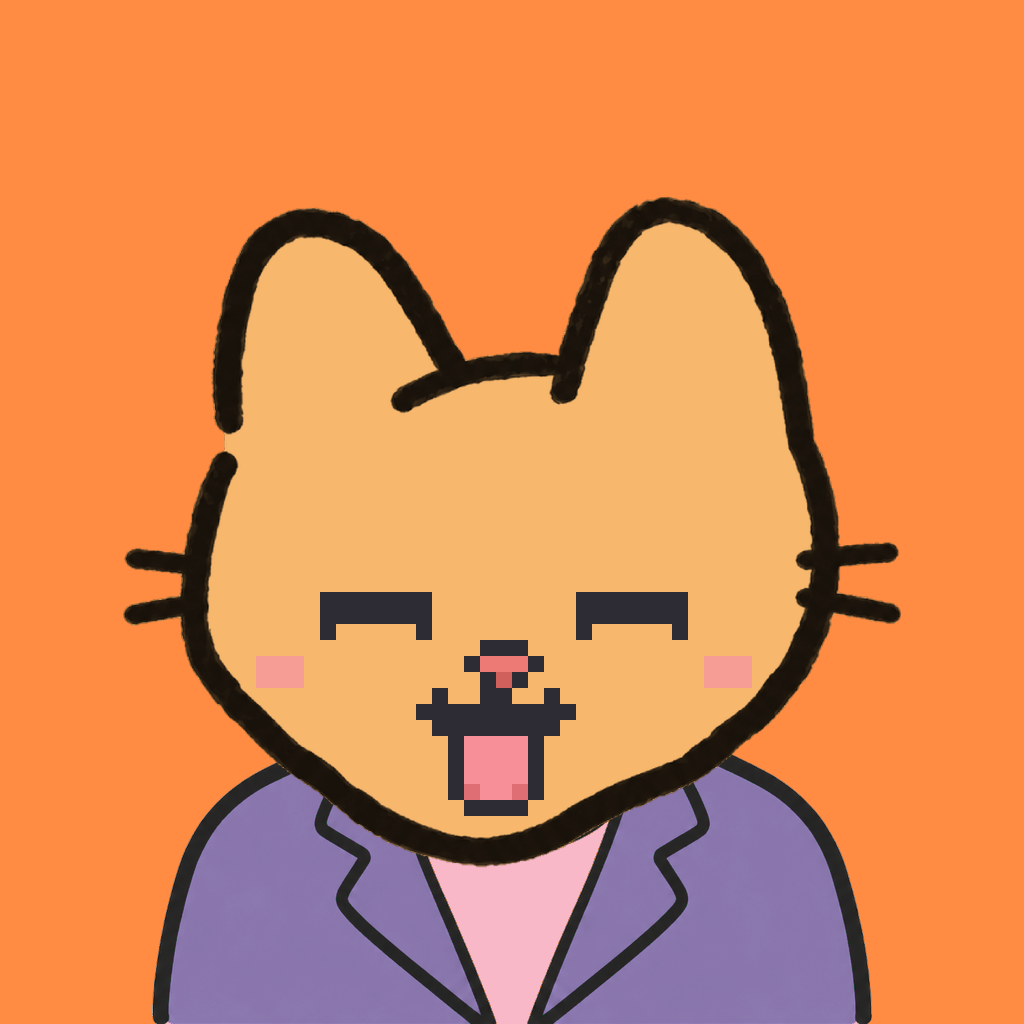 Employee #3210 — a tabby cat, in a lavender suit, on tangerine