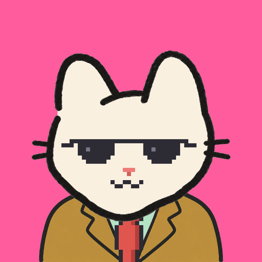 Employee #3212 — a cream cat, in a mustard suit, with a red tie, wearing shades glasses, on hot pink